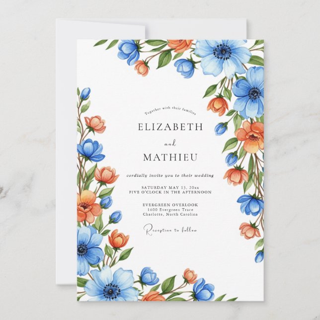 Blaue Orangen-Botanische Romanze Hochzeit Einladung (Vorderseite)