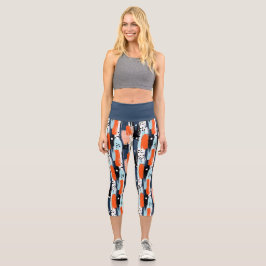 Blaue Orangen Pinselstriche Abstraktes Muster Capri Leggings