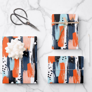 Blaue Orangen Pinselstriche Abstraktes Muster Geschenkpapier Set