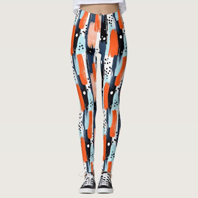 Blaue Orangen Pinselstriche Abstraktes Muster Leggings (Vorderseite)