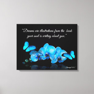 Blaue Orchideen und Schmetterlinge mit Zitat Leinwanddruck