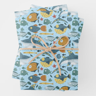 Blaue Ozeane Meereshai Fische Nahtlose Muster Geschenkpapier Set