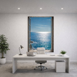 Blaue Ozeansicht Offenes Fenster Trompe L'Oeil Fotodruck