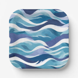 Blaue Ozeanwellen | Moderne, einfache Wasserfarbe Pappteller