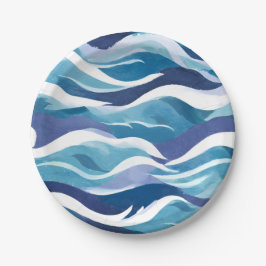 Blaue Ozeanwellen | Moderne, einfache Wasserfarbe Pappteller