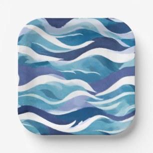 Blaue Ozeanwellen Moderne Simplistische Aquarell Pappteller