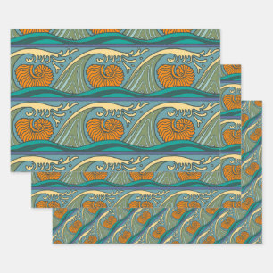 Blaue Ozeanwellen Nautilus-Muschel Art Nouveau Geschenkpapier Set