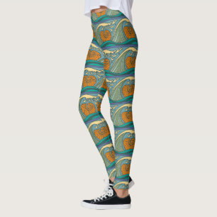 Blaue Ozeanwellen Nautilus-Muschel Muster Nouveau Leggings