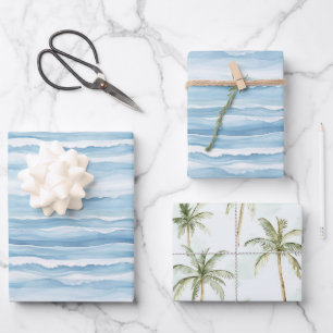 Blaue Ozeanwellen Palmen Hochzeit Geschenkpapier Set
