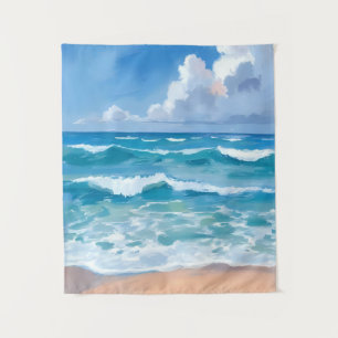 Blaue Ozeanwellen Strand Meer Aquarell Wandteppich