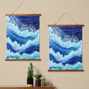 Blaue Ozeanwellen Wandteppich Mit Holzrahmen