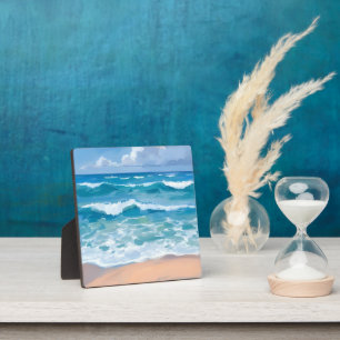 Blaue Ozeanwellen   Wasserfarbenkunst Strandmeer Fotoplatte