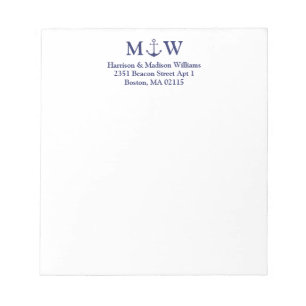 Blaue Paare-Monogramm-Initialen für Nautikanker Notizblock