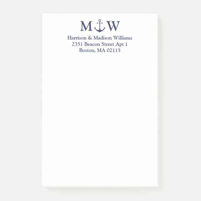 Blaue Paare-Monogramm-Initialen für Nautikanker Post-it Klebezettel (Vorderseite)