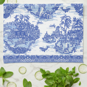 Blaue Pagode mit Tieren im Vintage-Oriental-Toile- Geschirrtuch