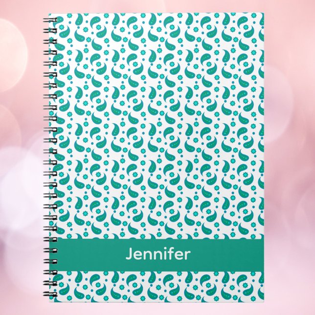 Blaue Paisley-Blumenmuster-Personalisierung Notizblock (A notebook with a blue & green paisley design with text you can personalize.)