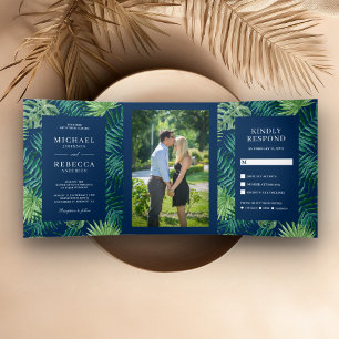 Blaue Palme Blätter Tropische Hochzeiten Dreifach Gefaltete Einladung