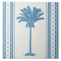 Blaue Palmenbaum-Silhouette im Vintage-Stil, Küste