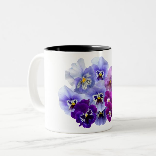 Blaue Pansy-Blumen-Blumenfrühlings-Stiefmütterchen Zweifarbige Tasse (Vorderseite Links)