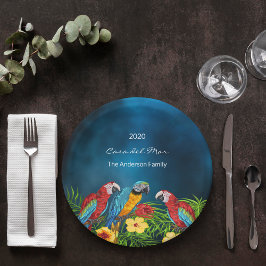 Blaue Papageien mit tropischem Party, Familienname Pappteller