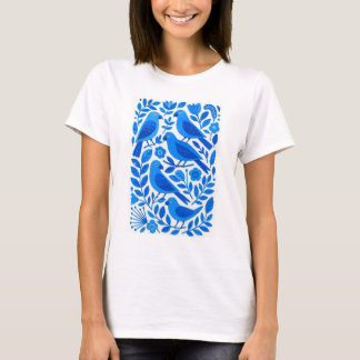 Blaue Papageien und Blätter T-Shirt