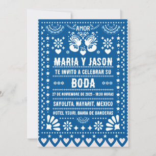 Blaue Papel Picado Fiesta-Folkart Spanische Hochze Einladung