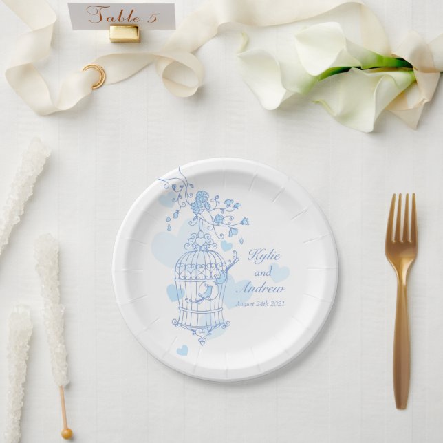 Blaue Papiertafel für Hochzeitsvögel Pappteller (Hochzeit)
