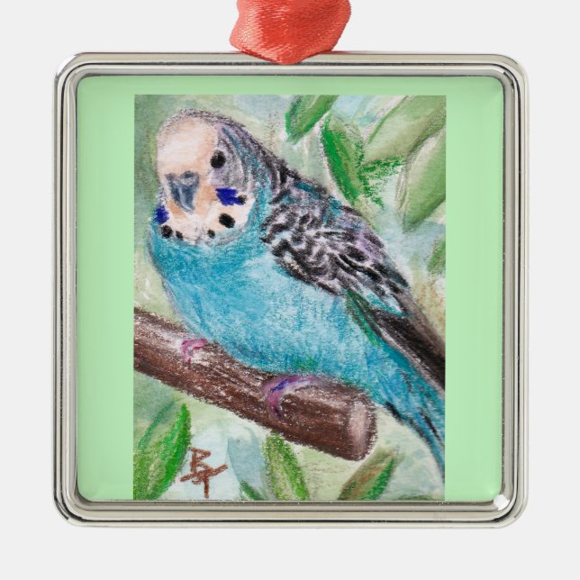 Blaue Parakeet-Verzierung Silbernes Ornament (Vorne)