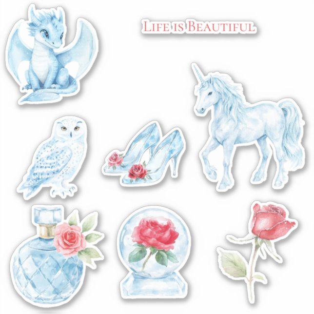 Blaue Parfümflasche Rose Eule Drache Einhorn Aufkleber (Vorderseite)