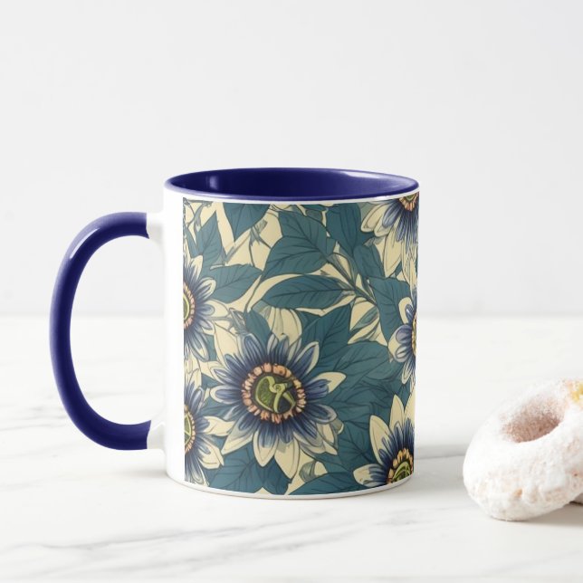 Blaue Passionsmuster-Blume Tasse (Mit Donut)