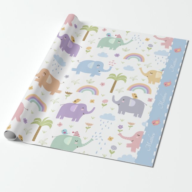 Blaue Pastel Elephant Muster für Little Boy Party Geschenkpapier (Ungerollt)