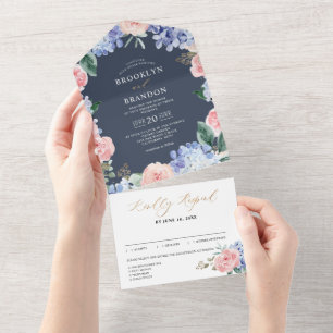 Blaue Pastel Pink-Hydrangeas Hochzeit in O All In One Einladung
