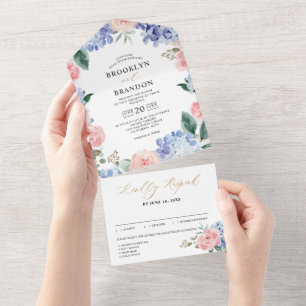 Blaue Pastel Pink-Hydrangeas Hochzeit in O All In One Einladung