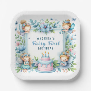Blaue Pastell Blumenfee zum ersten Geburtstag - Pappteller