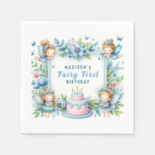 Blaue Pastell Blumenfee zum ersten Geburtstag - Serviette