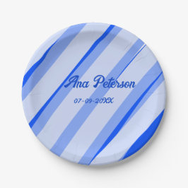 Blaue Pastell-Linien mit Namen Datum Boho Retro-Mu Pappteller