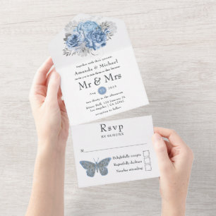 Blaue Pastell- und Silber-Vintage-Rosen-Hochzeit All In One Einladung