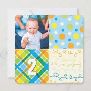 Blaue Patchwork-Muster-Quadrate Junge Foto-Geburts Einladung