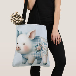 Blaue Patchwork-Schwein-Cottagecore-Illustration