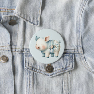Blaue Patchwork-Schwein-Cottagecore-Illustration Button