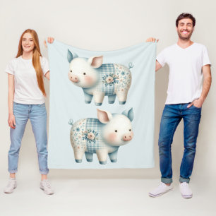 Blaue Patchwork-Schwein Cottagecore-Illustration Fleecedecke