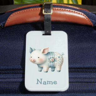 Blaue Patchwork-Schwein-Cottagecore-Illustration Gepäckanhänger