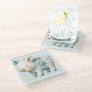 Blaue Patchwork-Schwein-Cottagecore-Illustration Glasuntersetzer