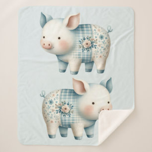 Blaue Patchwork-Schwein-Cottagecore-Illustration Sherpadecke