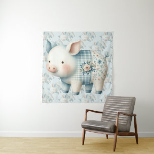 Blaue Patchwork-Schwein-Cottagecore-Illustration Wandteppich