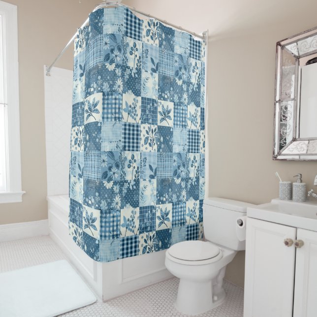Blaue Patchworkdecke Rustikal Floral Retro Duschvorhang (Beispiel)