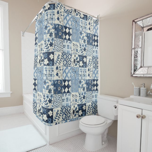 Blaue Patchworkdecke Rustikal Floral Retro Duschvorhang (Beispiel)