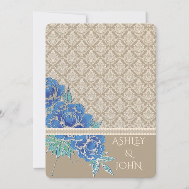 BLAUE PEONIES & DAMASK ~ Einladungskarte (Vorderseite)