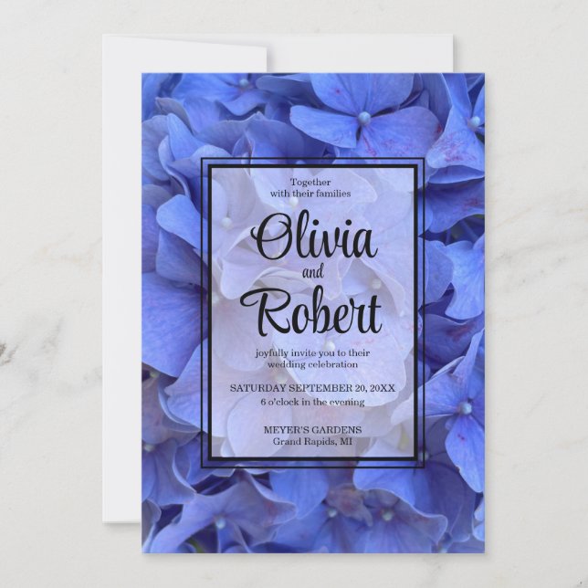 Blaue Perwinkle elegante Blumenhydrangeas Hochzeit Einladung (Vorderseite)