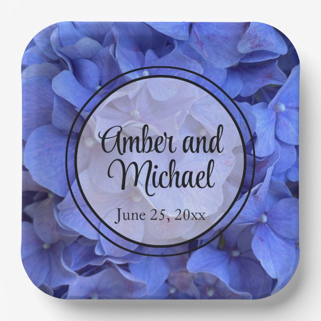 Blaue Perwinkle, elegante Blumenhydrangeas Pappteller (Vorderseite)